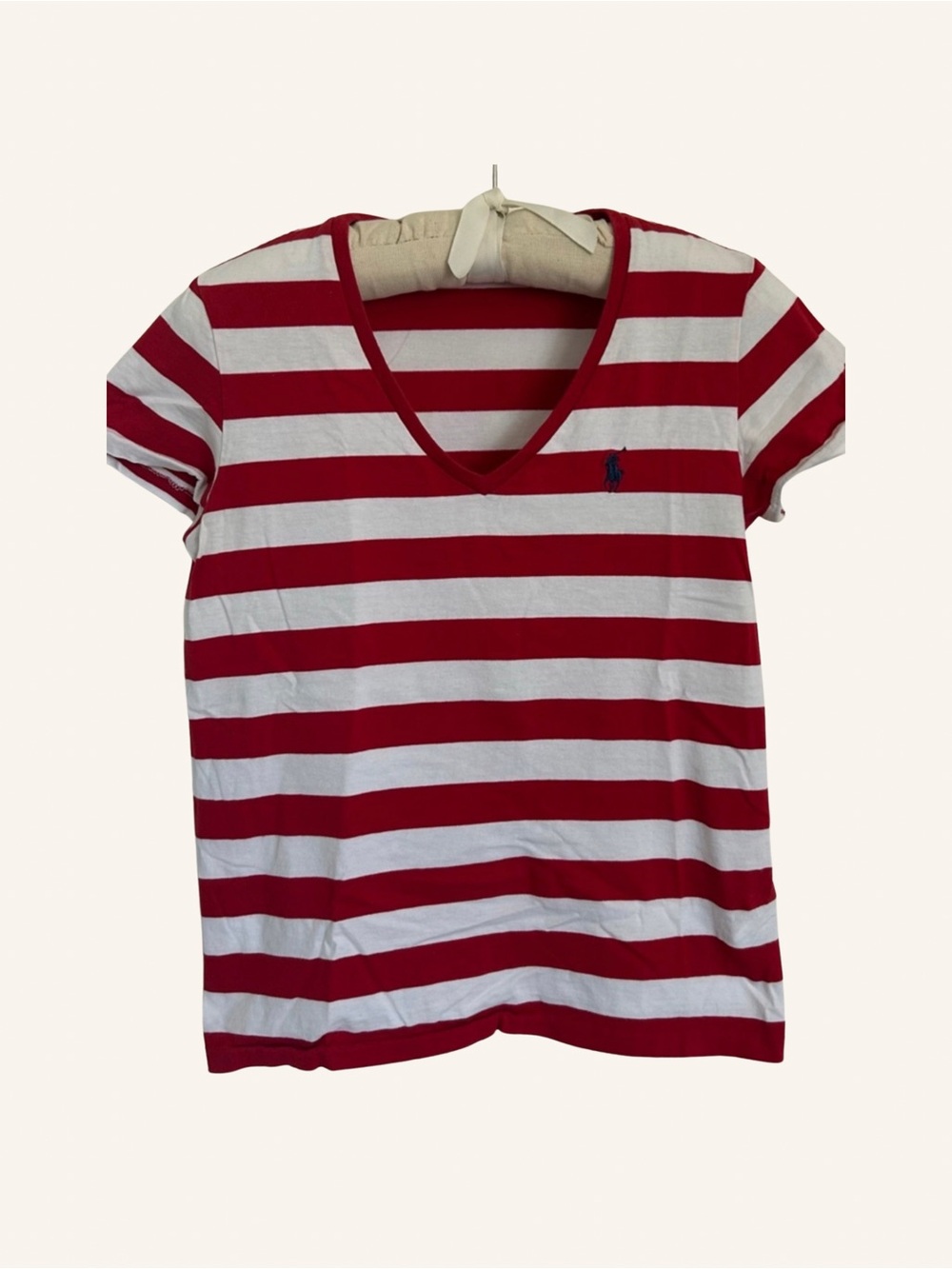 Ralph Lauren Red & White Striped V-Neck Short Sleeve Tee Size S